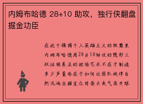 内姆布哈德 28+10 助攻，独行侠翻盘掘金功臣